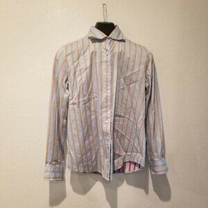Faconnable Women's Medium Cotton Button-Down Top Yellow Blue Striped Long Sleeve